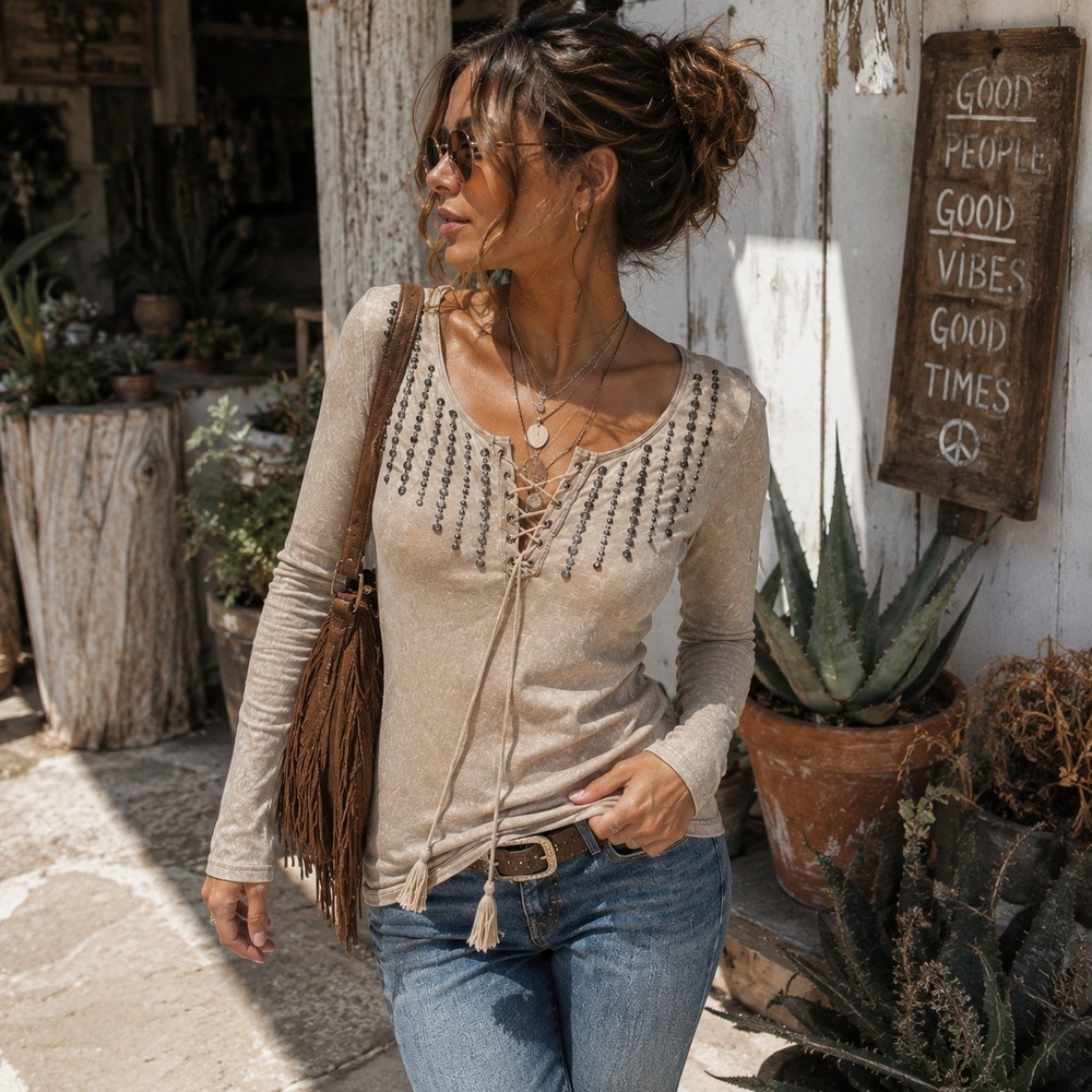 Y2K Tan Lace‎ Up Tassel Embellished Long Sleeve Shirt Top Whimsigoth, Fairy Med